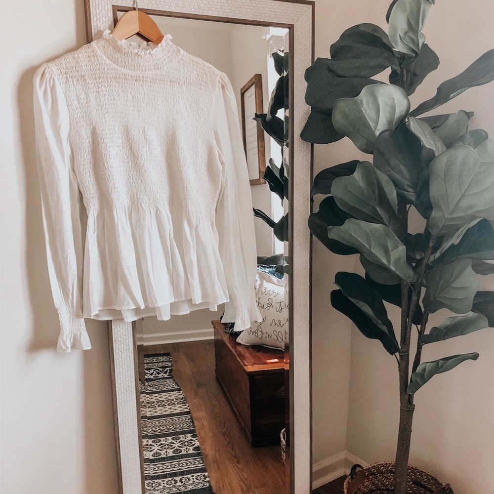 White Long Sleeve Smocked Blouse